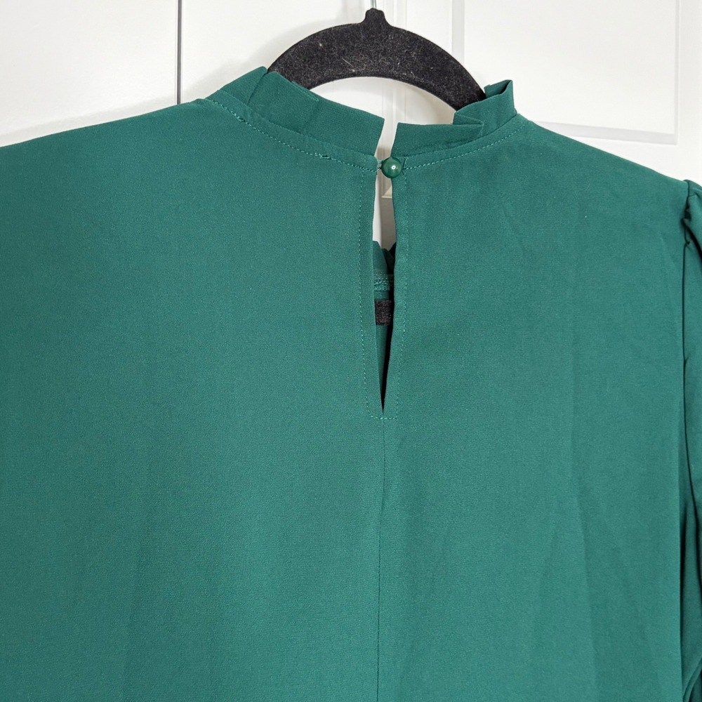 Grace Karin Emerald Green Ruffle Neck Blouse Small Smocked Cuff NWT - Picture 8 of 13